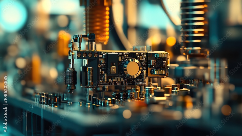 Poster a close-up of a circuit board with electronic components in a tech environment.