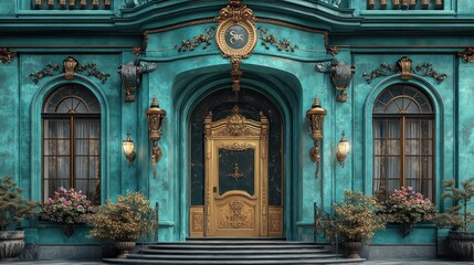 Obraz premium Ornate turquoise building entrance with golden door and plants.