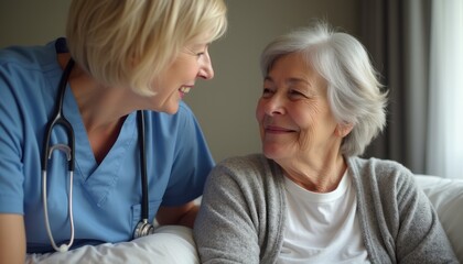 Obraz premium In a cozy, softly lit room, a compassionate nurse leans in to share a warm smile with an elderly woman, creating a moment filled with tenderness and understanding. The gentle exchange highlights the
