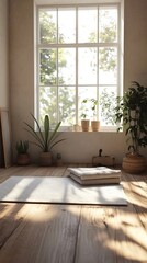 Fototapeta premium Simple minimalist setup with a meditation mat folded blanket
