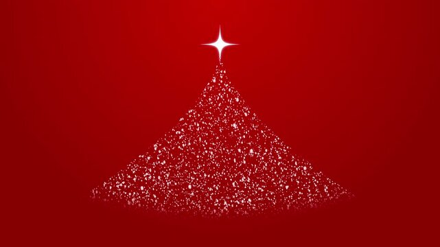 Christmas tree concept with snowflakes falling on red background with star on the top of the tree. Concept: Christmas, festivity, vacation, winter.