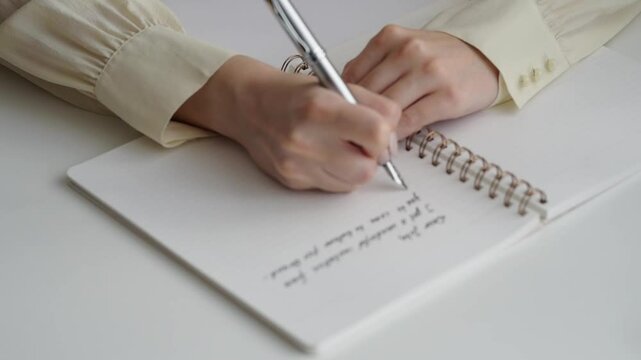 Woman writing letter. Closeup of female hands write notes.