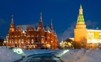 Fototapeta premium View of the building of the Manezhnaya Square. Winter night. Moscow. Russia