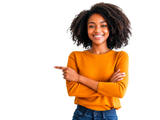 Jovem negra apontando para o lado com as mãos em fundo transparente