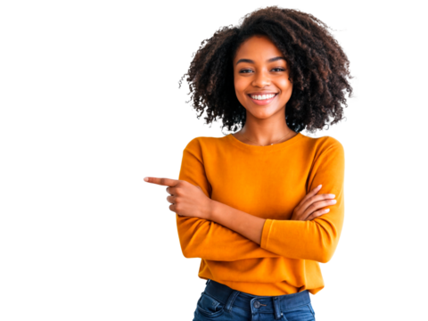 Jovem negra apontando para o lado com as mãos em fundo transparente