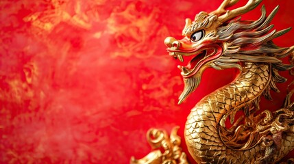 Obraz premium Golden dragon sculpture on vibrant red background symbolizing prosperity and courage for chinese new year celebration
