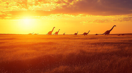 Fototapeta premium A herd of sauropods grazes on a wide open plain during a stunning sunset with vibrant colors