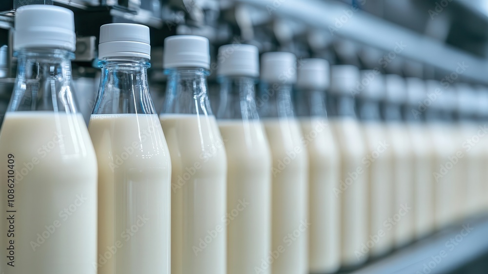 Aufkleber sustainable food technology with science research concept. a row of clear bottles filled with milk, 