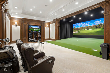 premium virtual golf facility with surround screens, analytics display, modern lounge furniture