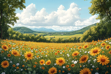 Obraz premium Sunflowers Bloom in a Serene Valley Landscape