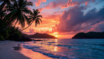 Tropical sunset with glowing skies, palm silhouettes, serene sea, and distant hills.