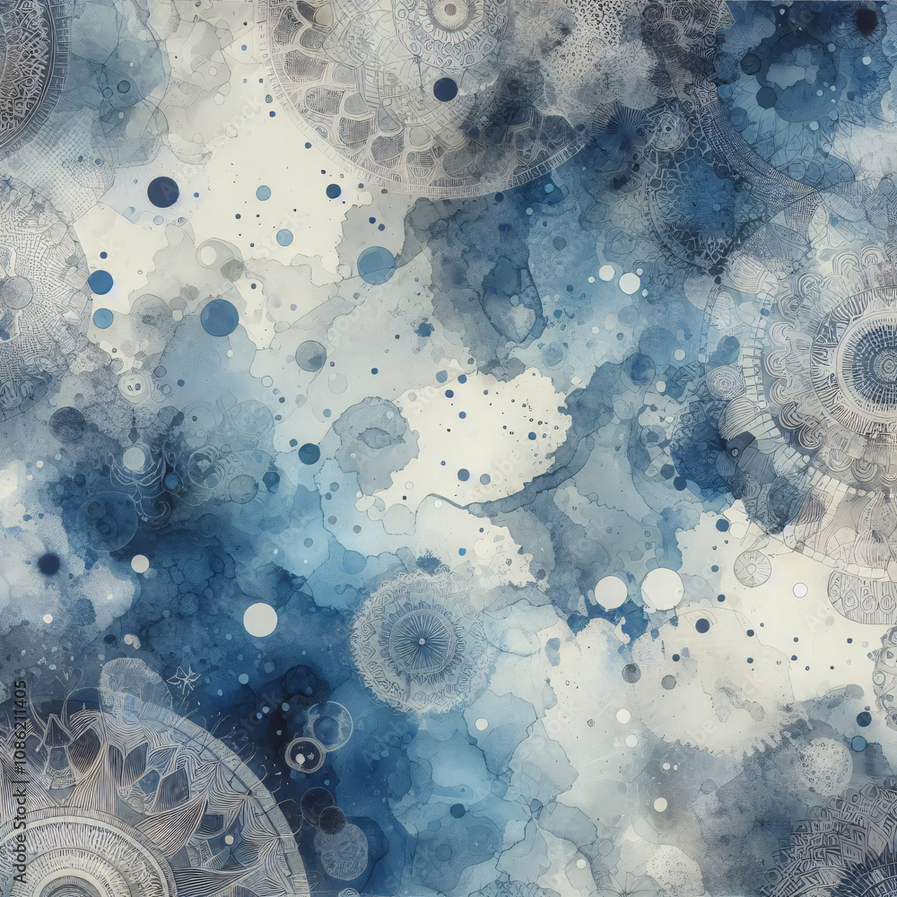 Poster An abstract, watercolor-like background with overlapping circles and geometric patterns in shades of blue. Generative AI
