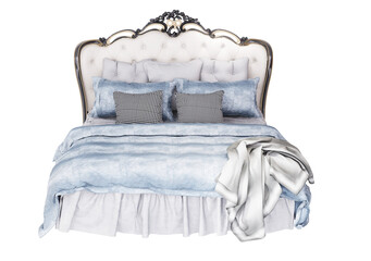 3d Furniture modern blue blanket double bed with European style headboard isolated on a white background, Decoration Design for bedroom.