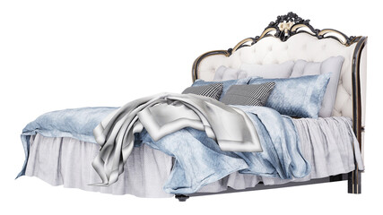 3d Furniture modern blue blanket double bed with European style headboard isolated on a white background, Decoration Design for bedroom.