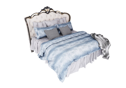 3d Furniture modern blue blanket double bed with European style headboard isolated on a white background, Decoration Design for bedroom.