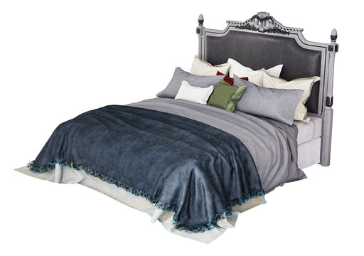 3d Furniture modern blue blanket double bed with European style headboard isolated on a white background, Decoration Design for bedroom.