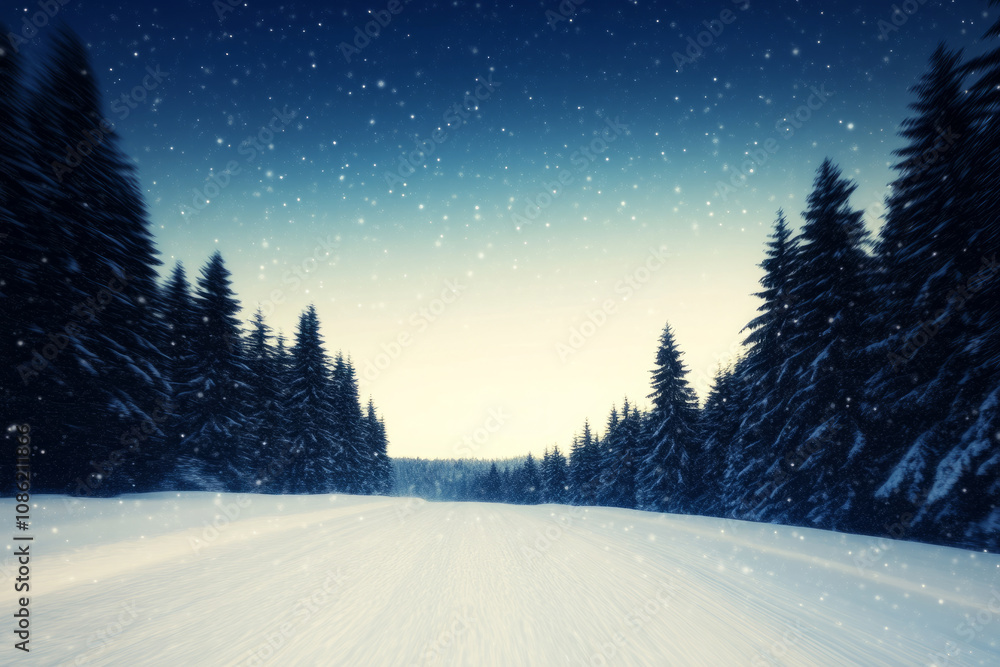 Poster a snowy road with trees in the background