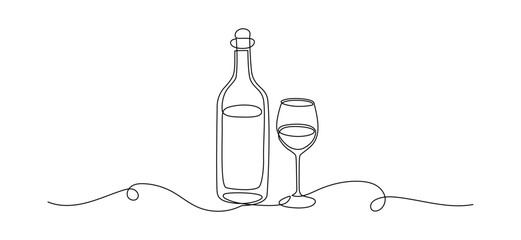 Glass and bottle of wine in one continuous line drawing. Minimalist holiday concept of celebrate toast and cheering drink in simple linear style. Editable stroke. Doodle Vector illustration