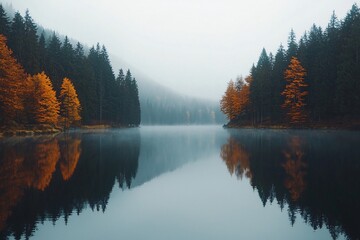 Fototapeta premium Serene Autumn Reflections: A Misty Lake Surrounded by Colorful Fall Foliage