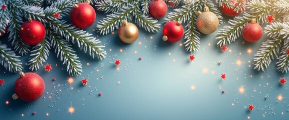A beautiful arrangement of frosted evergreen branches adorned with vibrant red and gold ornaments creates a festive atmosphere, perfect for the holiday season. Sparkling stars and delicate glitter