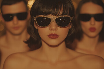 A woman with a red lip and gold sunglasses stands in front of two other women