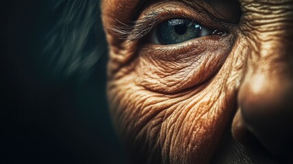 Close-up of elderly face with detailed wrinkles, focusing on one eye