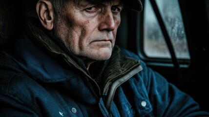 Fototapeta premium Elderly man in dark outdoor clothing sitting vehicle, with stern expression, wearing hat