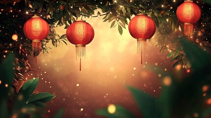 Naklejka premium Glowing red lanterns amidst green foliage celebrating the chinese new year traditions and festive spirit