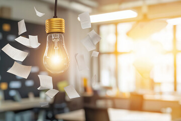 innovative light bulb with creative notes radiating outward, modern office backdrop