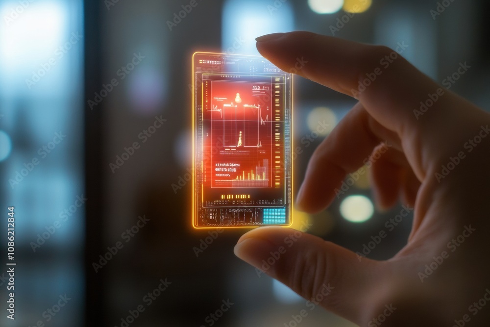 Poster a person holds a micro biochip that projects holographic health metrics, emphasizing advanced medica