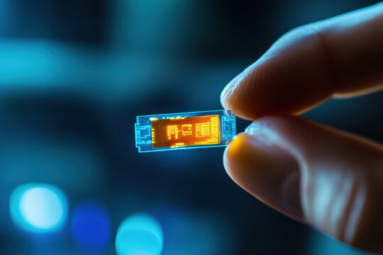 A hand grips a micro biochip featuring a holographic display that presents vital health metrics, showcasing advanced technology in healthcare. Generative AI