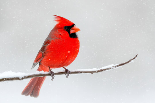 A red cardinal bird is perched on a branch covered in snow