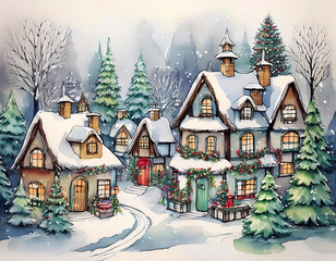 Fototapeta premium A picturesque winter village, bathed in the warm glow of Christmas lights and surrounded by snow-covered trees