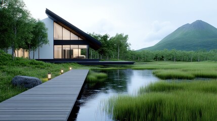 Modern house by a serene lake with a mountain backdrop.