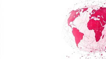 Red world map with digital connectivity lines on white background