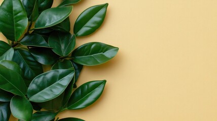 Green leaves on yellow background, vibrant and fresh