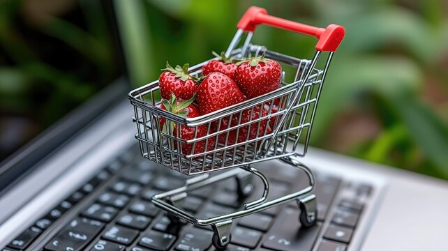 Mini shopping cart filled with strawberries on laptop keyboard outdoors