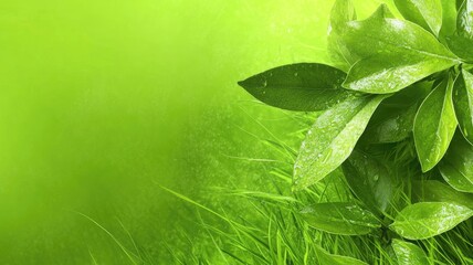 Lush green leaves with dewdrops on vibrant grass background