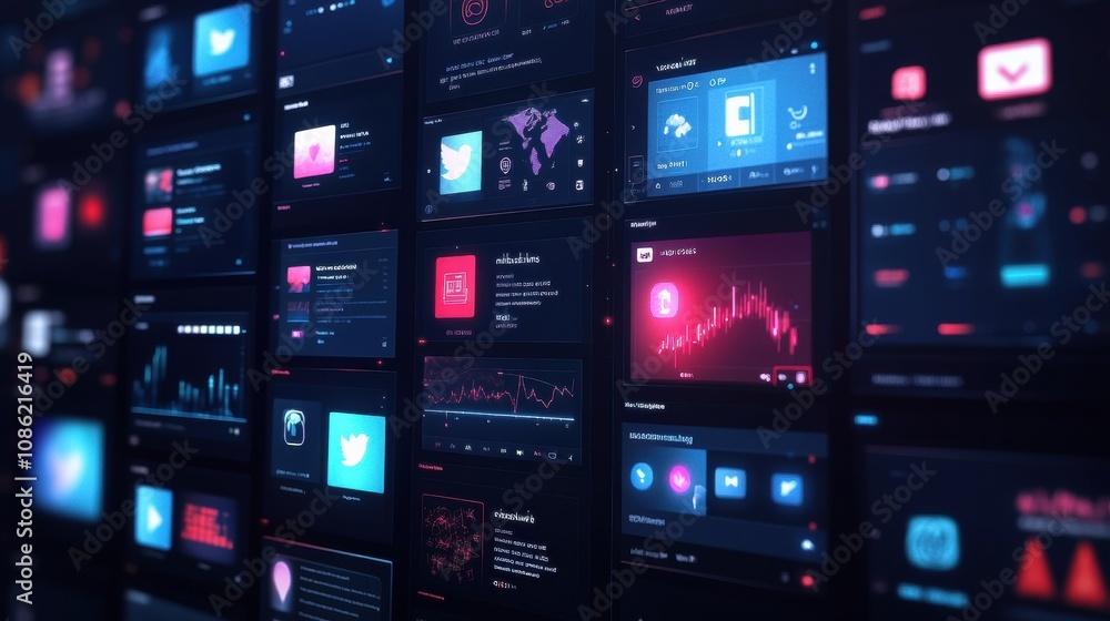 Poster a visually striking grid displays multiple interfaces from different social media applications, high