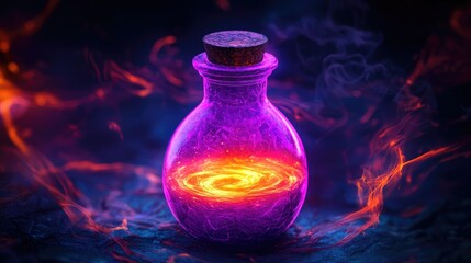 A mystical potion bottle glows with vibrant colors, surrounded by swirling cosmic energy and a magical aura.