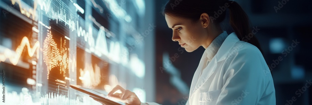 Poster a doctor in a white coat is focused on analyzing patient data displayed on a large digital screen in