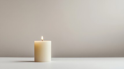 A single lit candle on a white surface against a beige background.