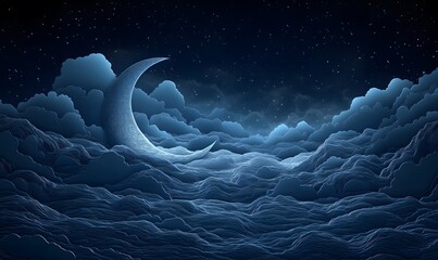 Crescent Moon Over Layered CloudScape Night Sky