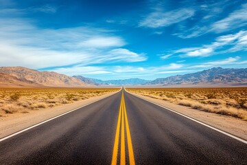 A Straight Road Through a Desert Landscape with Mountain Ranges in the Distance