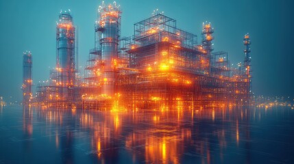 Obraz premium Industrial facility with glowing structures in a misty environment.