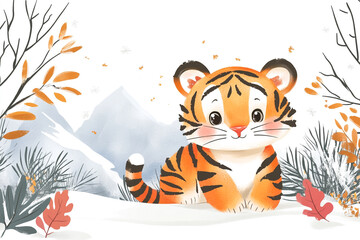 Adorable Baby Tiger in Winter Mountain Scene