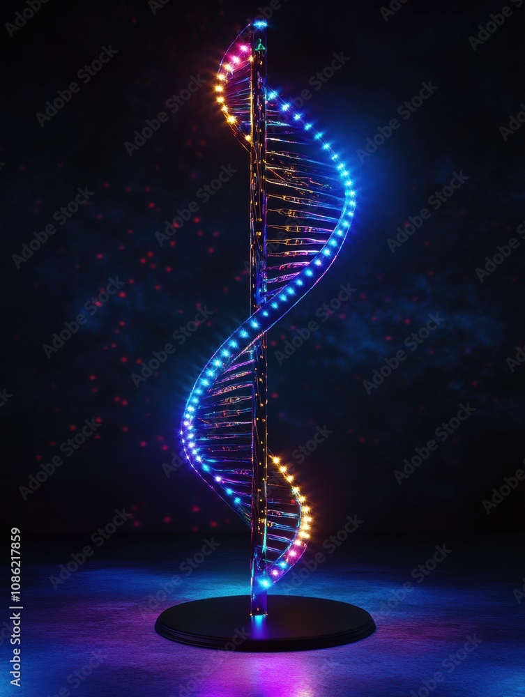 Poster a vibrant dna model stands tall, adorned with colorful lights, illuminating the notion of genetics i