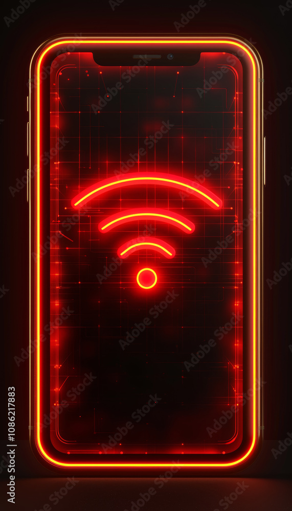Poster a smartphone with a bright red screen prominently features a glowing wi-fi symbol in the center. the