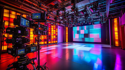 Modern film production studio equipped with advanced lighting rigs and multiple camera setups during a creative project