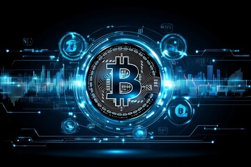 Obraz premium A vibrant depiction of the Bitcoin symbol set against a glowing blue digital circuit background. 